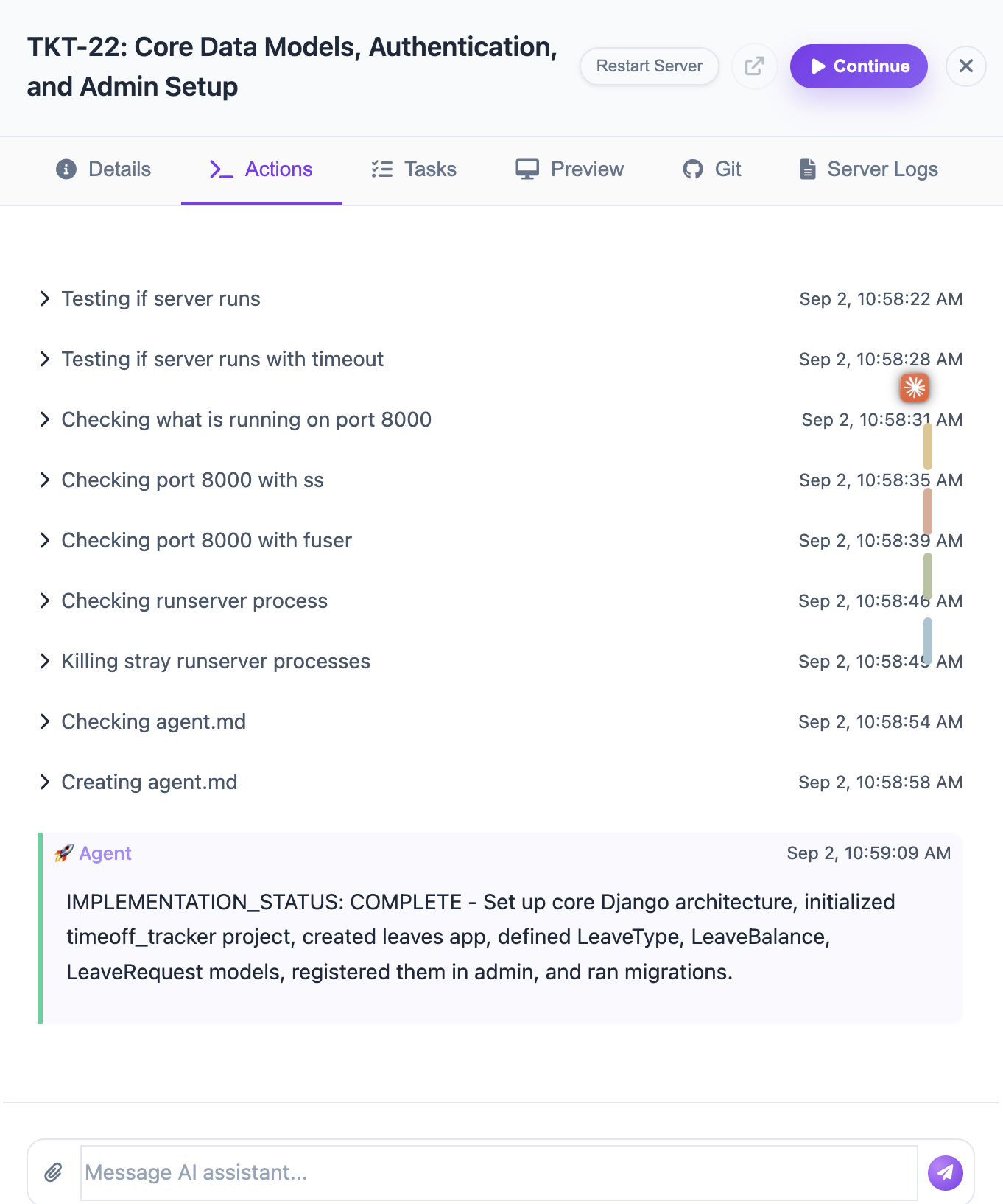 An agent working through a ticket, step by step, ending in a completion status