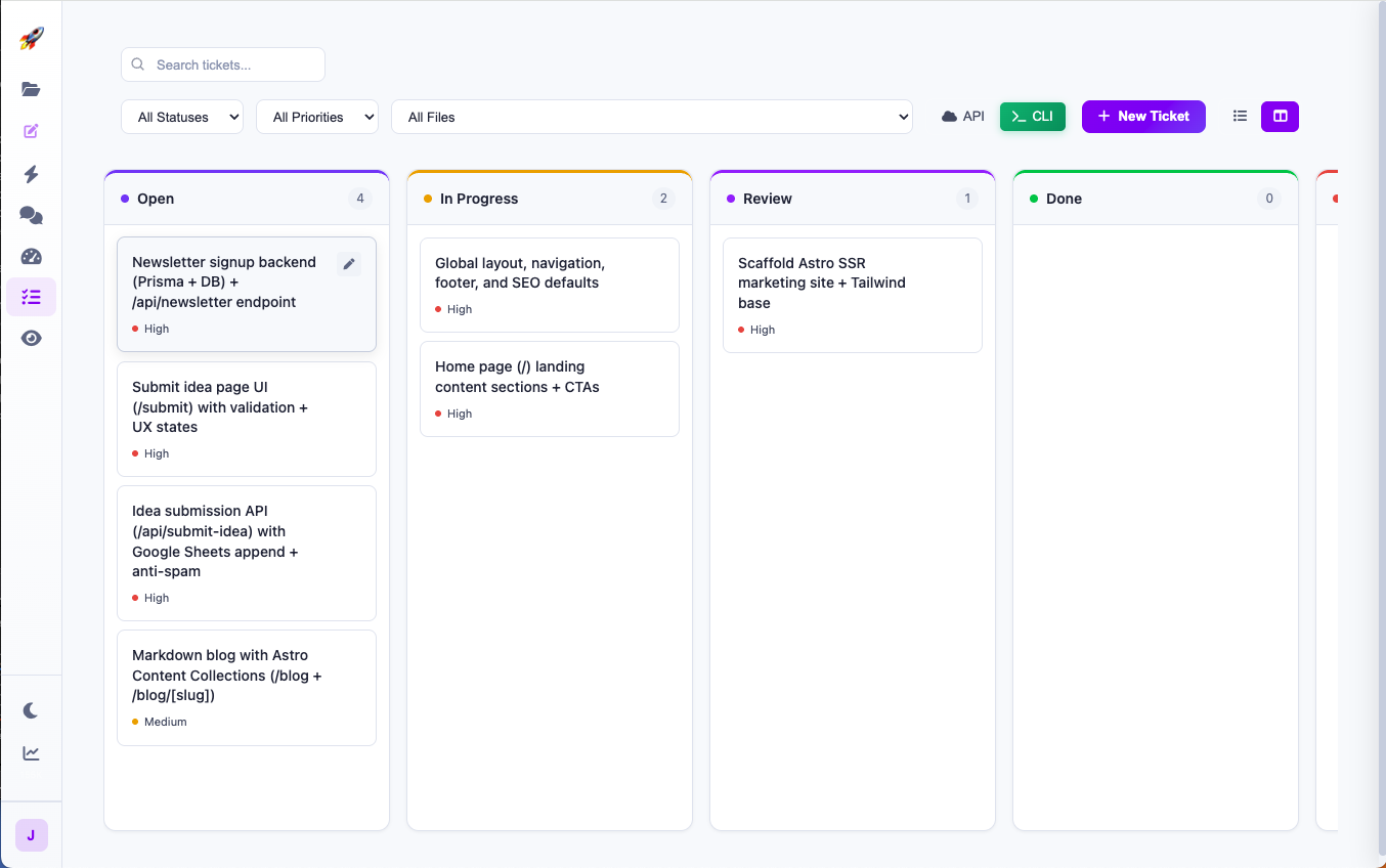 Codepixel ticket board with Open, In Progress, Review, and Done columns