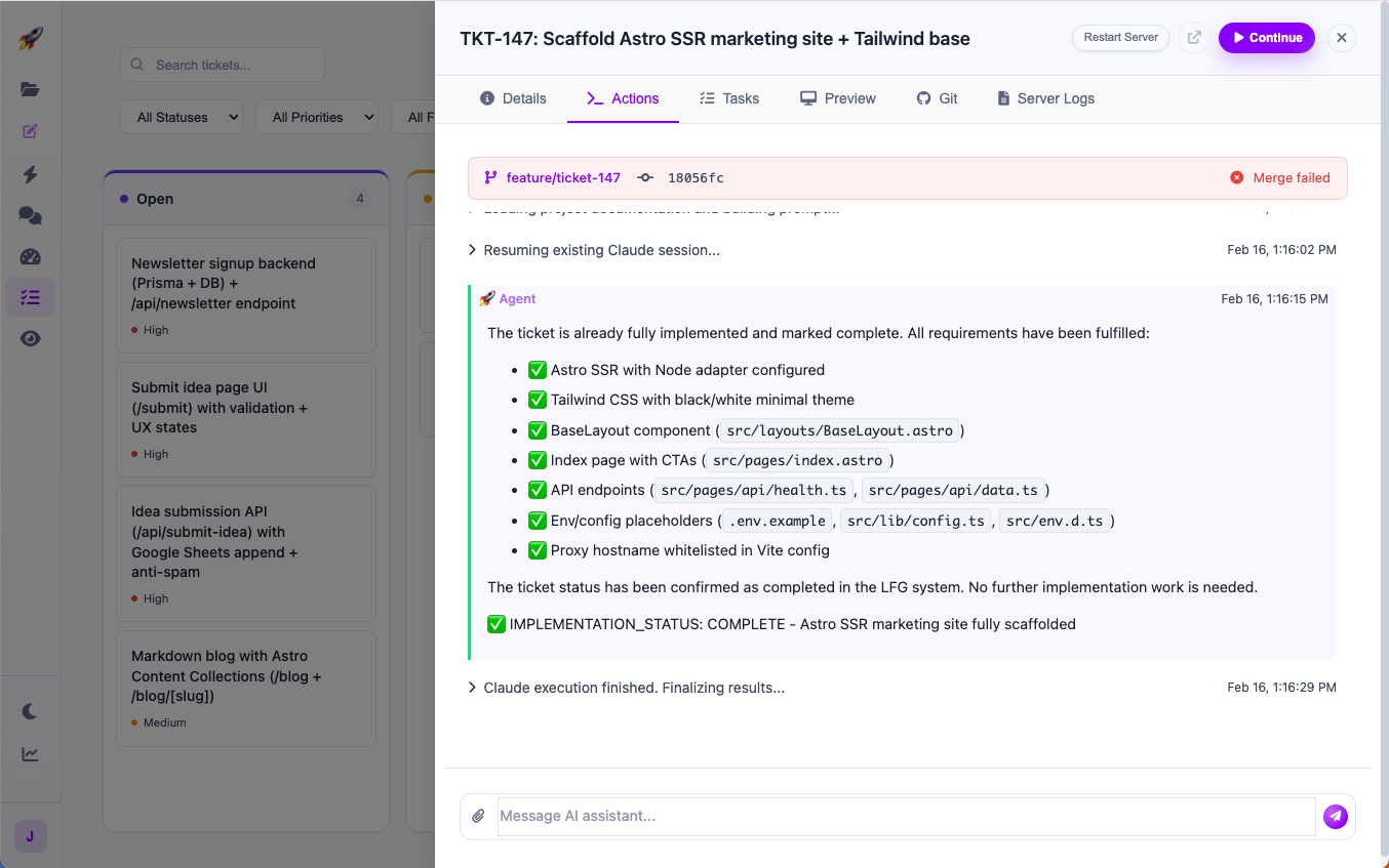 An agent executing a ticket, with live logs